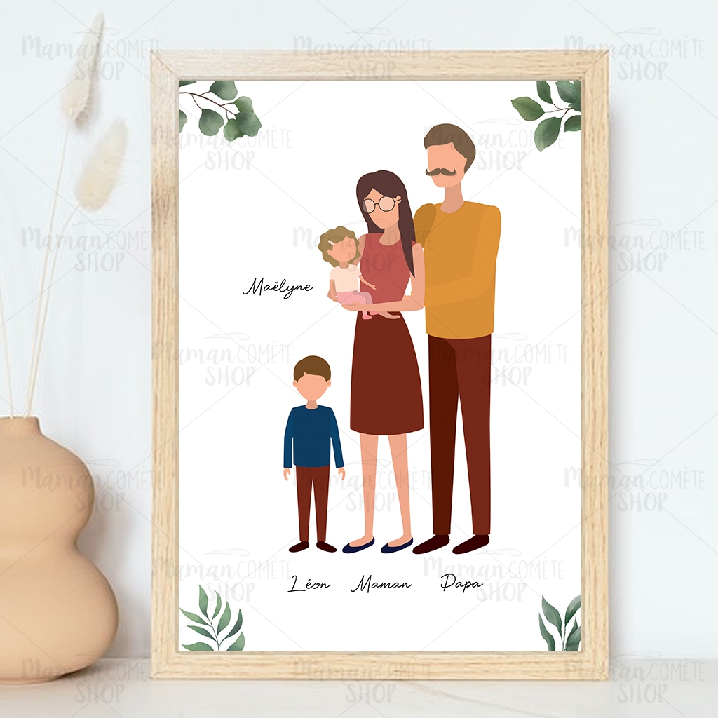 Affiche Portrait Famille Personnalise Theme Feuilles Maman Comete