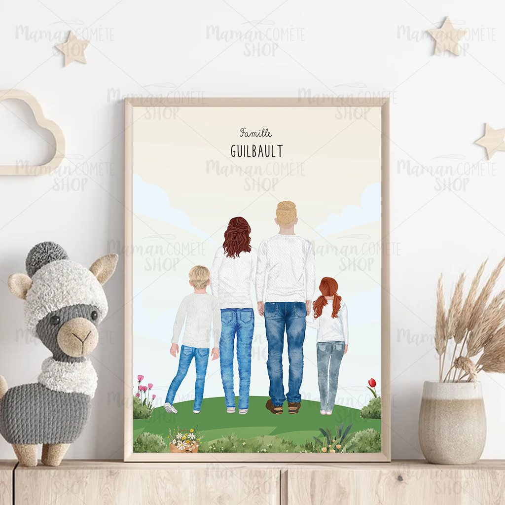 Affiche portrait famille personnalisé avec animaux - 4 décors - Maman Comète