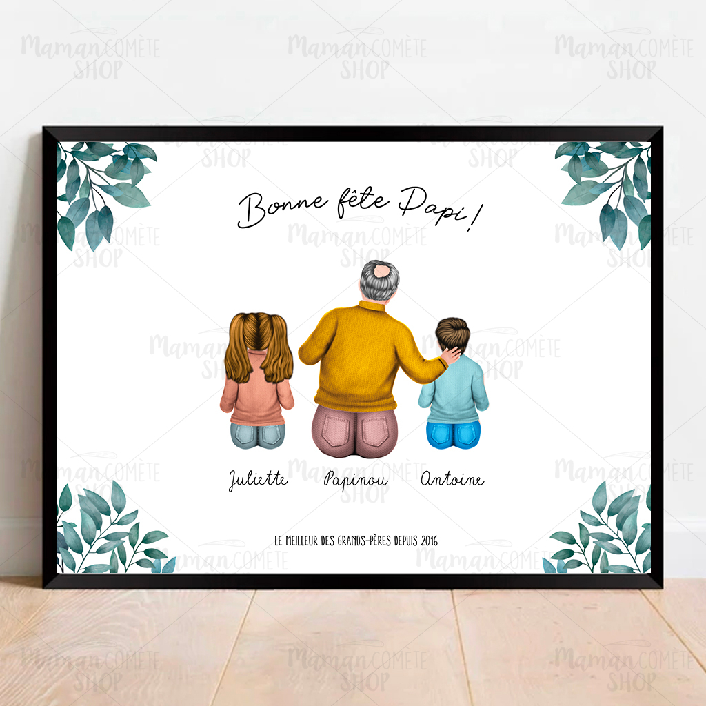 Affiche portrait papi, grand-père et petits enfants - 3 décors