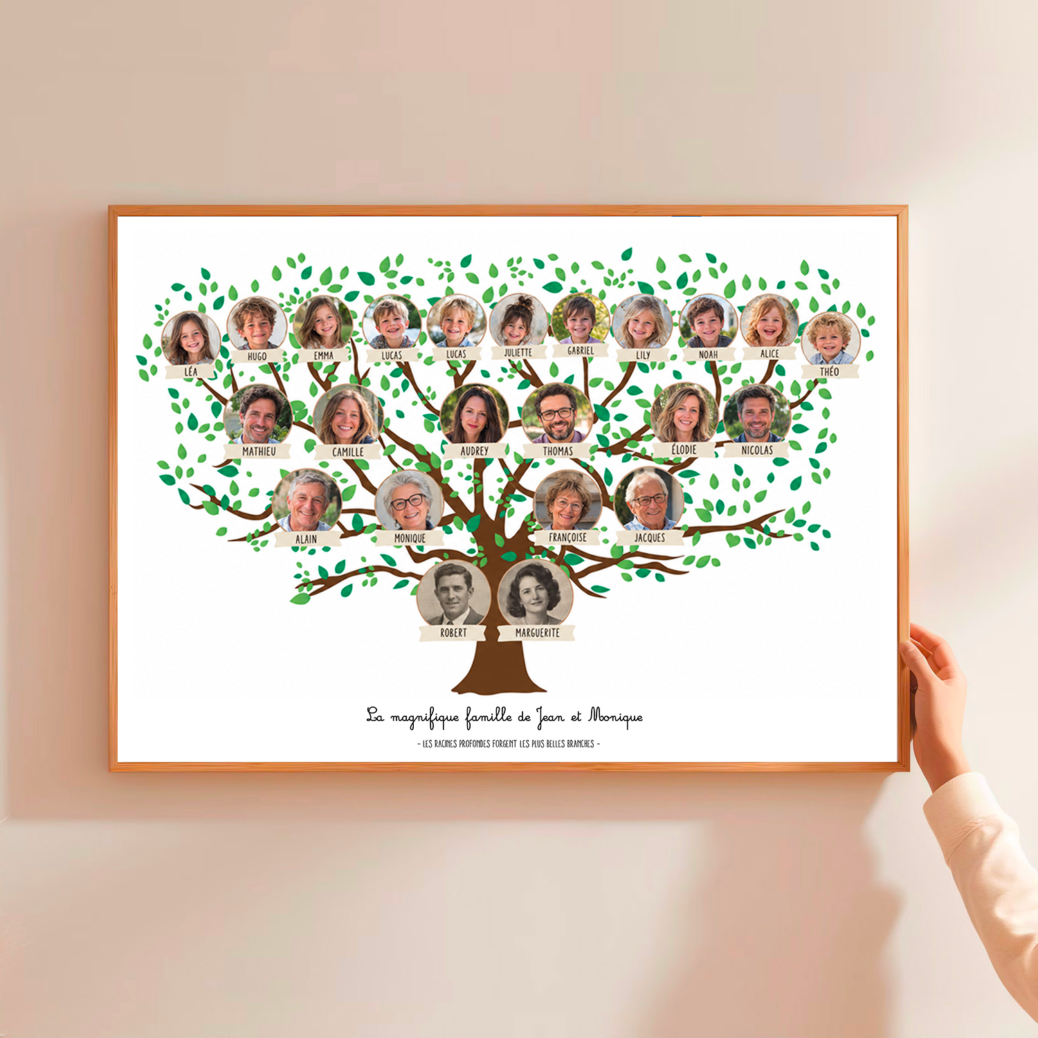 Arbre Généalogique Personnalisé sur mesure, générations, Photos et Prénoms – jusqu'à 55 personnes ou couples (grands-parents, petits enfants...)
