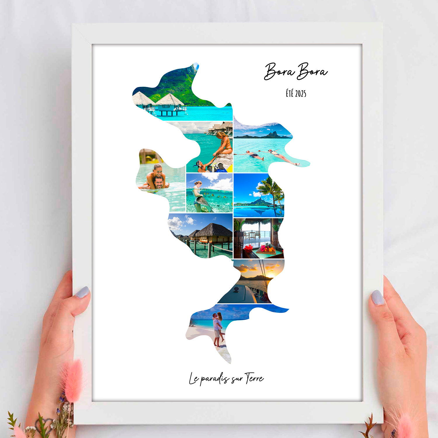 Affiche-Carte-Bora-Bora-Collage-Photo-Blanc-souvenir-vacances-cadre-blanc