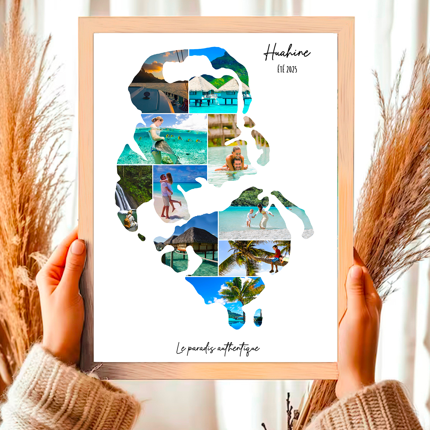 Affiche-Carte-Huahine-Polynésie-Collage-Photo-Blanc-souvenir-vacances-cadre-bois