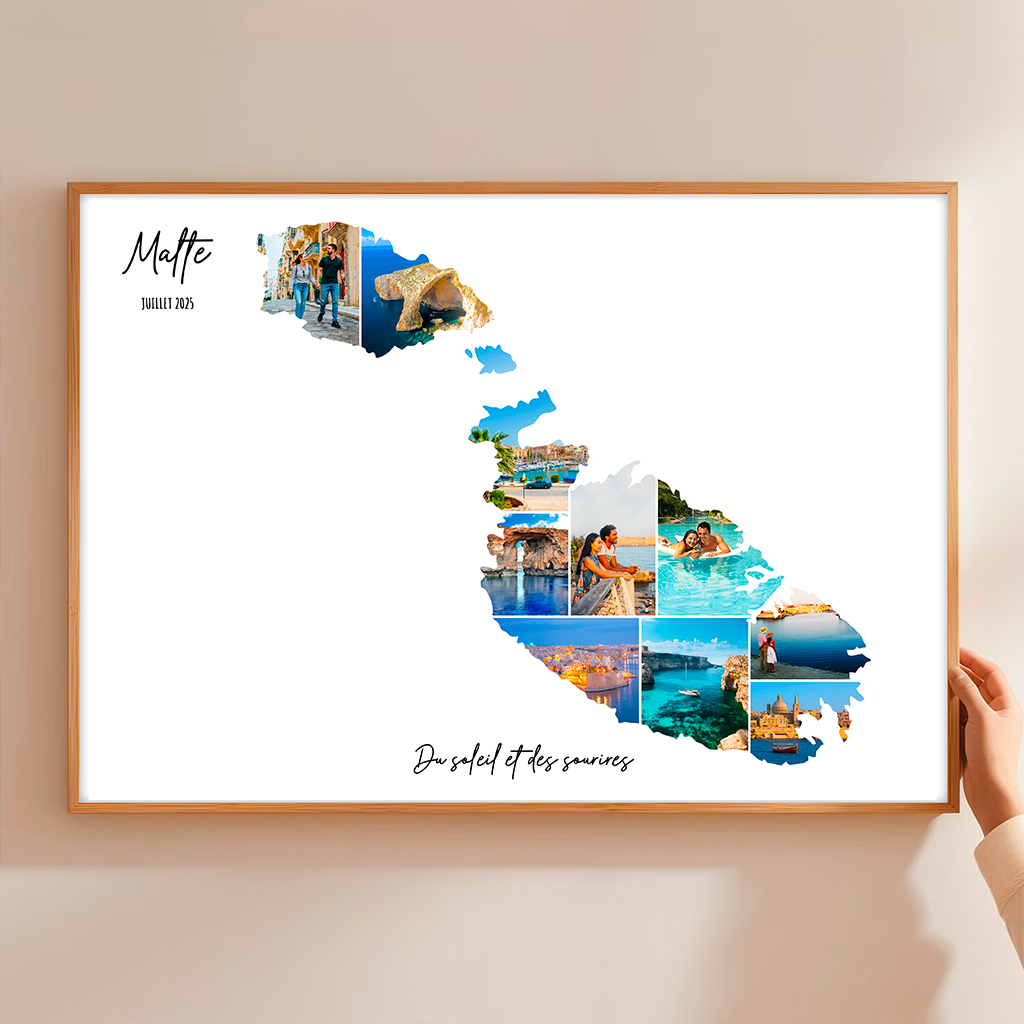 Affiche-Carte-Malte-Collage-Photo-Blanc-souvenir-vacances-cadre-bois