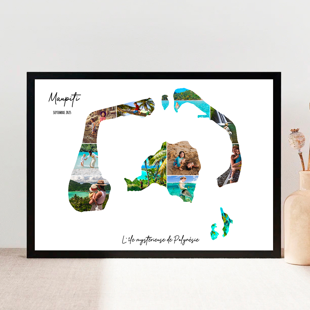 Affiche-Carte-Maupiti-Polynésie-Collage-Photo-Blanc-souvenir-vacances-cadre-noir