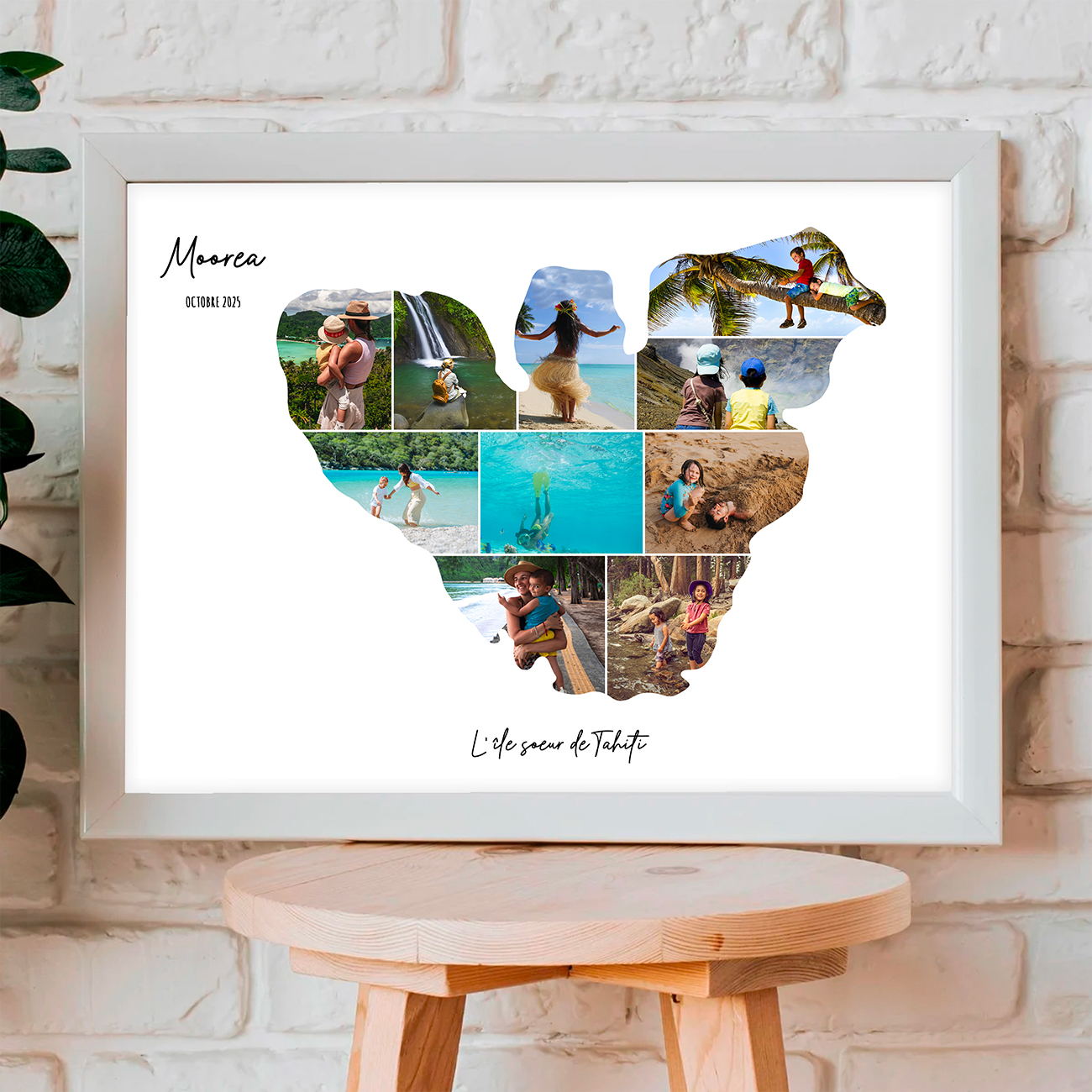 Affiche-Carte-Moorea-Tahiti-polynésie-Collage-Photo-Blanc-souvenir-vacances-cadre-blanc
