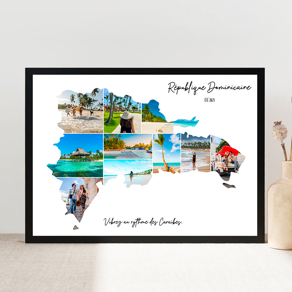 Affiche-Carte-République-Dominicaine-Collage-Photo-Blanc-souvenir-vacances-cadre-noir