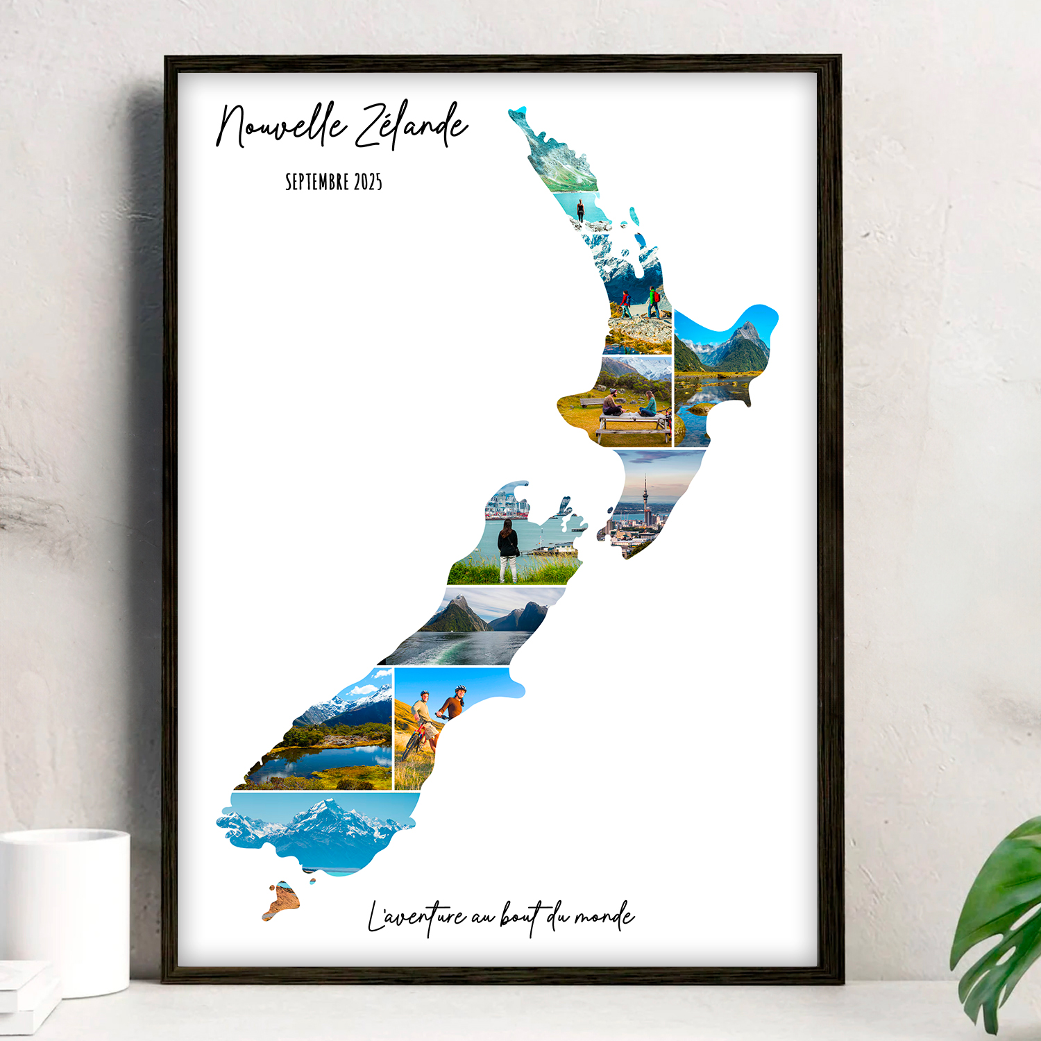 Affiche-Carte-nouvelle-zélande-Collage-Photo-Blanc-souvenir-vacances-cadre-noir