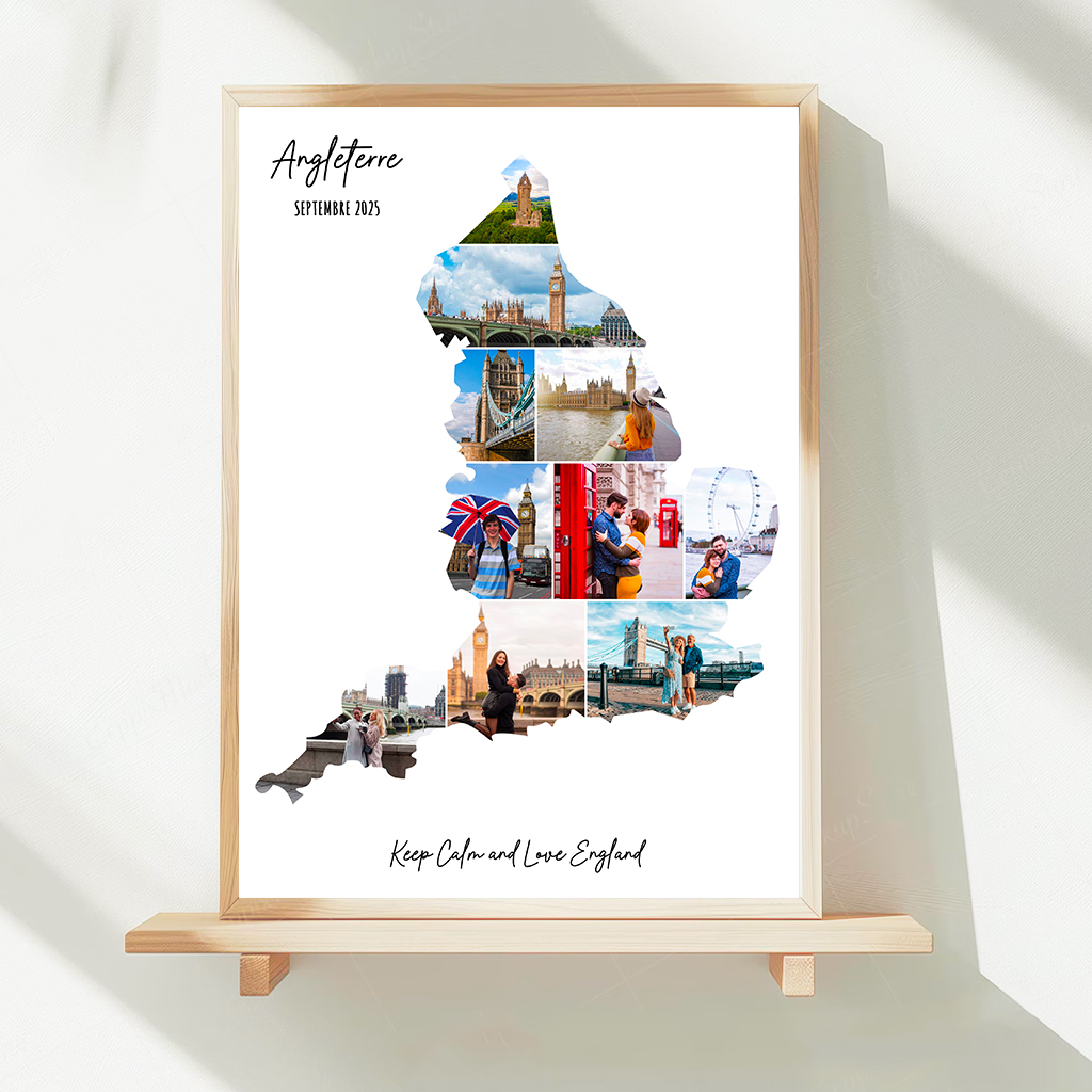 Affiche-Carte-Angleterre-Collage-Photo-Blanc-souvenir-vacances-cadre-bois