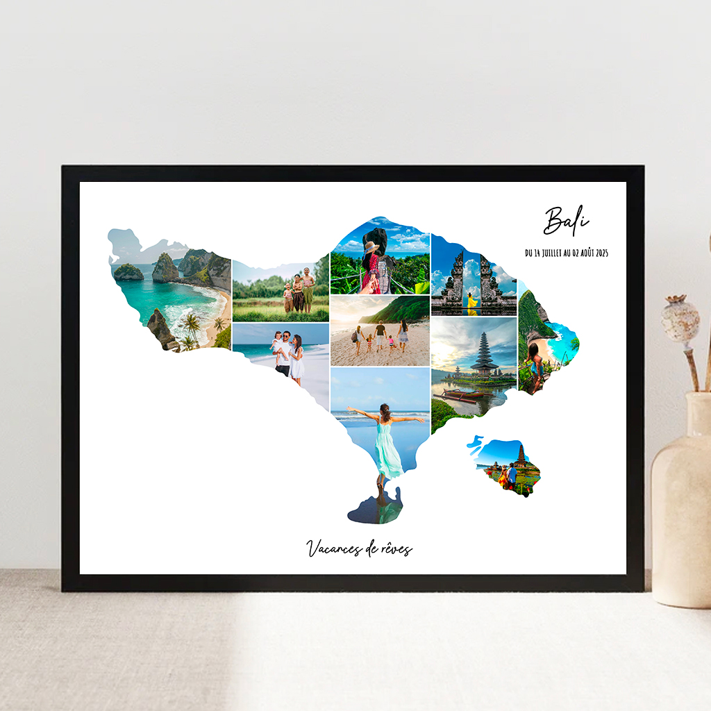 Affiche-Carte-Bali-Indonésie-Collage-Photo-Blanc-souvenir-vacances-cadre-noir