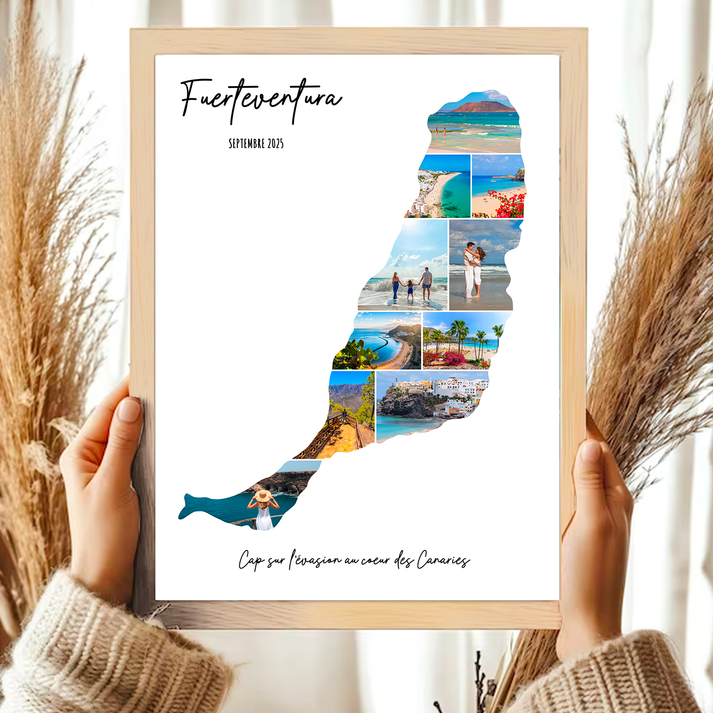 Affiche-Carte-Fuerteaventura-canaries-Collage-Photo-Blanc-souvenir-vacances-cadre-bois