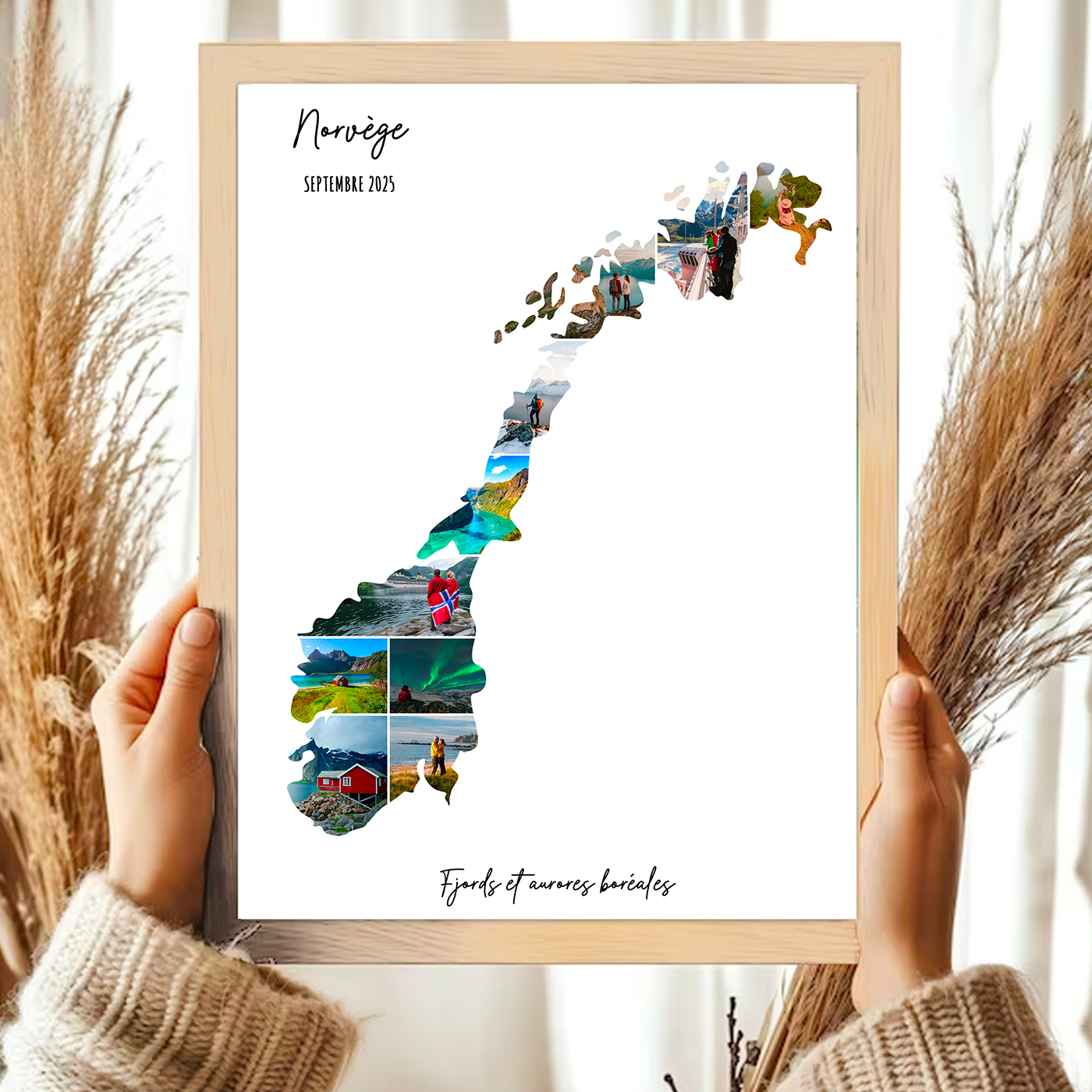 Affiche-Carte-Norvege-Collage-Photo-Blanc-souvenir-vacances-cadre-bois