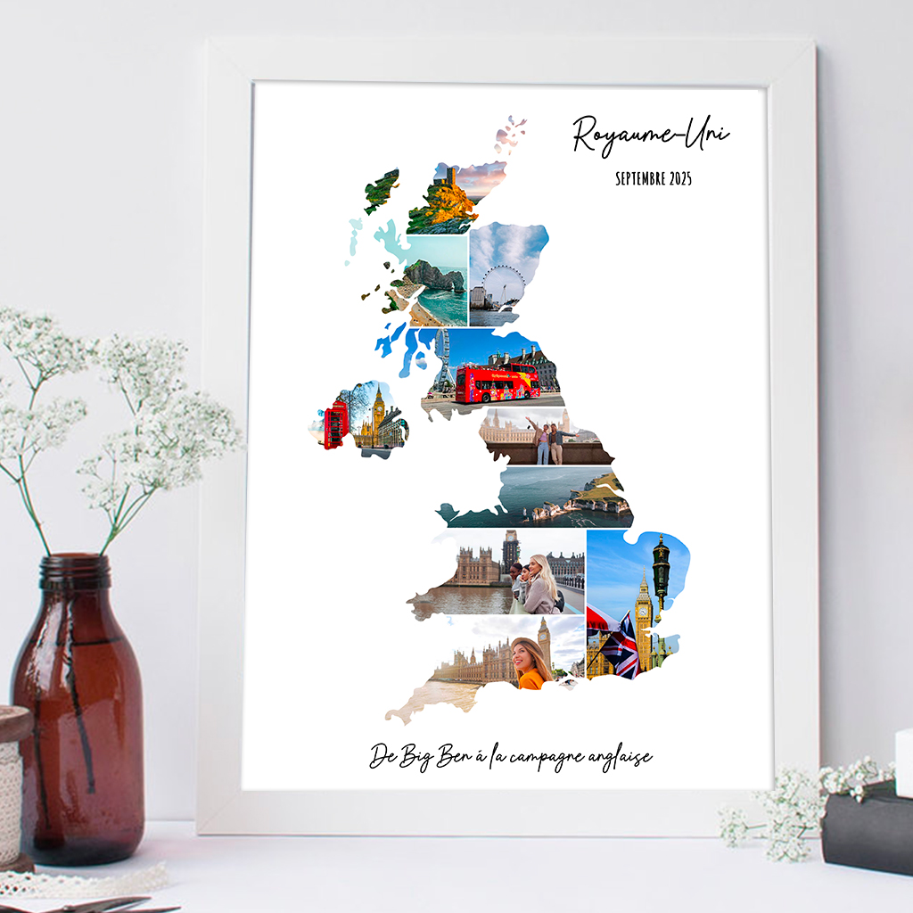 Affiche-Carte-Royaume-Uni-Collage-Photo-Blanc-souvenir-vacances-cadre-blanc