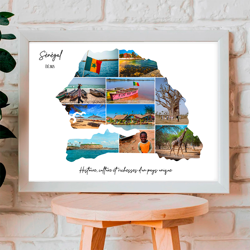 Affiche-Carte-Senegal-Afrique-Collage-Photo-Blanc-souvenir-vacances-cadre-blanc