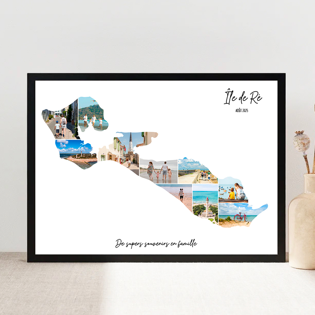Affiche-Carte-ile-de-ré-france-Collage-Photo-Blanc-souvenir-vacances-cadre-noir