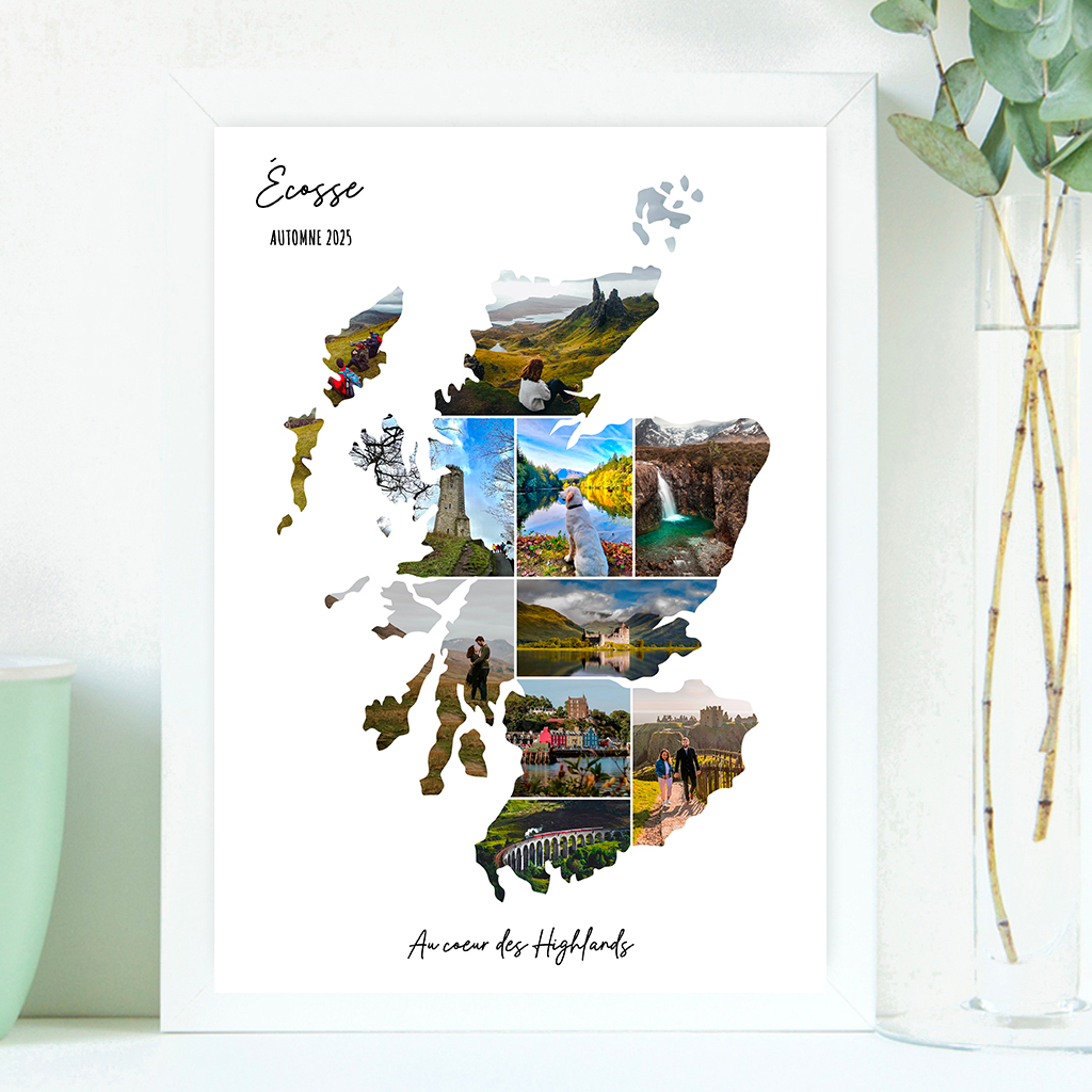 Affiche-Carte-Ecosse-Collage-Photo-Blanc-souvenir-vacances-cadre-blanc