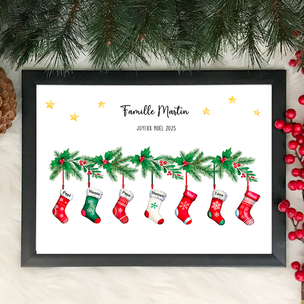 Affiche famille Chaussettes de Noël personnalisée avec prénoms