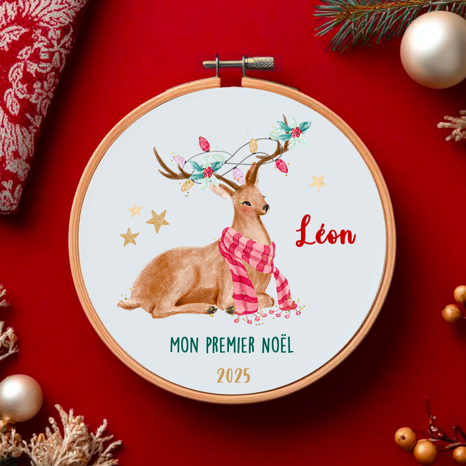 Cercle tambour de Noël personnalisé – Biche, cadeau premier Noël, famille, maîtresse