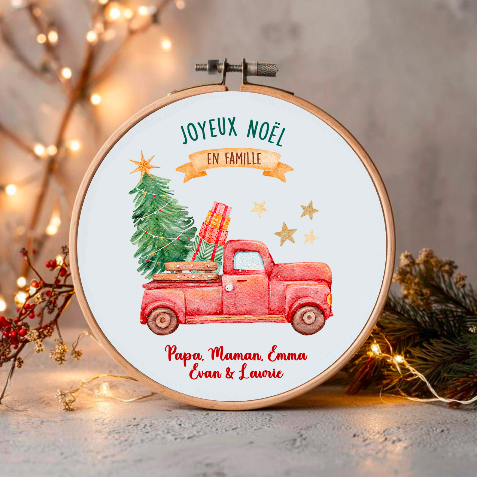 Cercle tambour de Noël personnalisé – voiture, cadeau premier Noël, famille, maîtresse