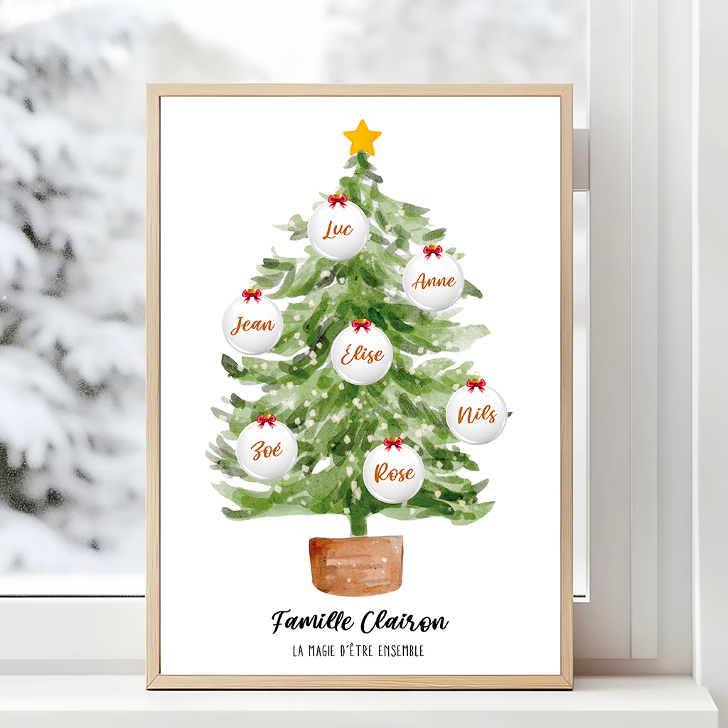 Affiche Sapin de Noël famille personnalisée - Boules prénoms