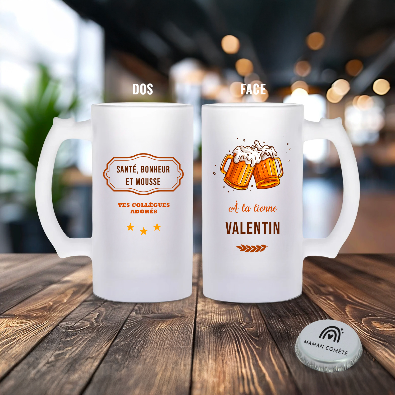 Chope à bière personnalisée avec prénom et message – Cadeau pour collègue, ami ou famille