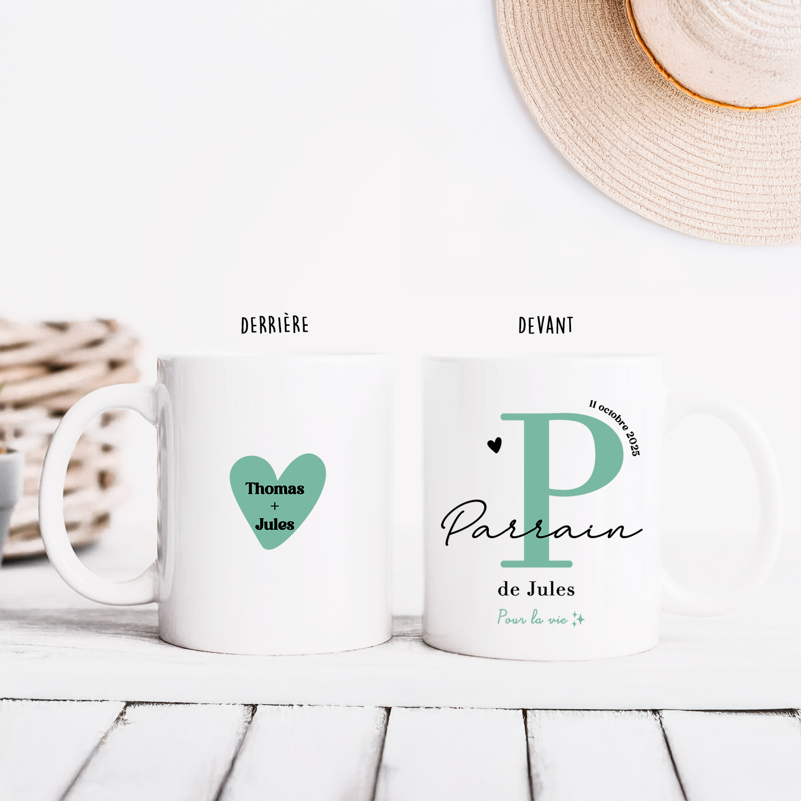 Mug personnalisé Parrain – prénom, date, coeur  | Cadeau unique souvenir