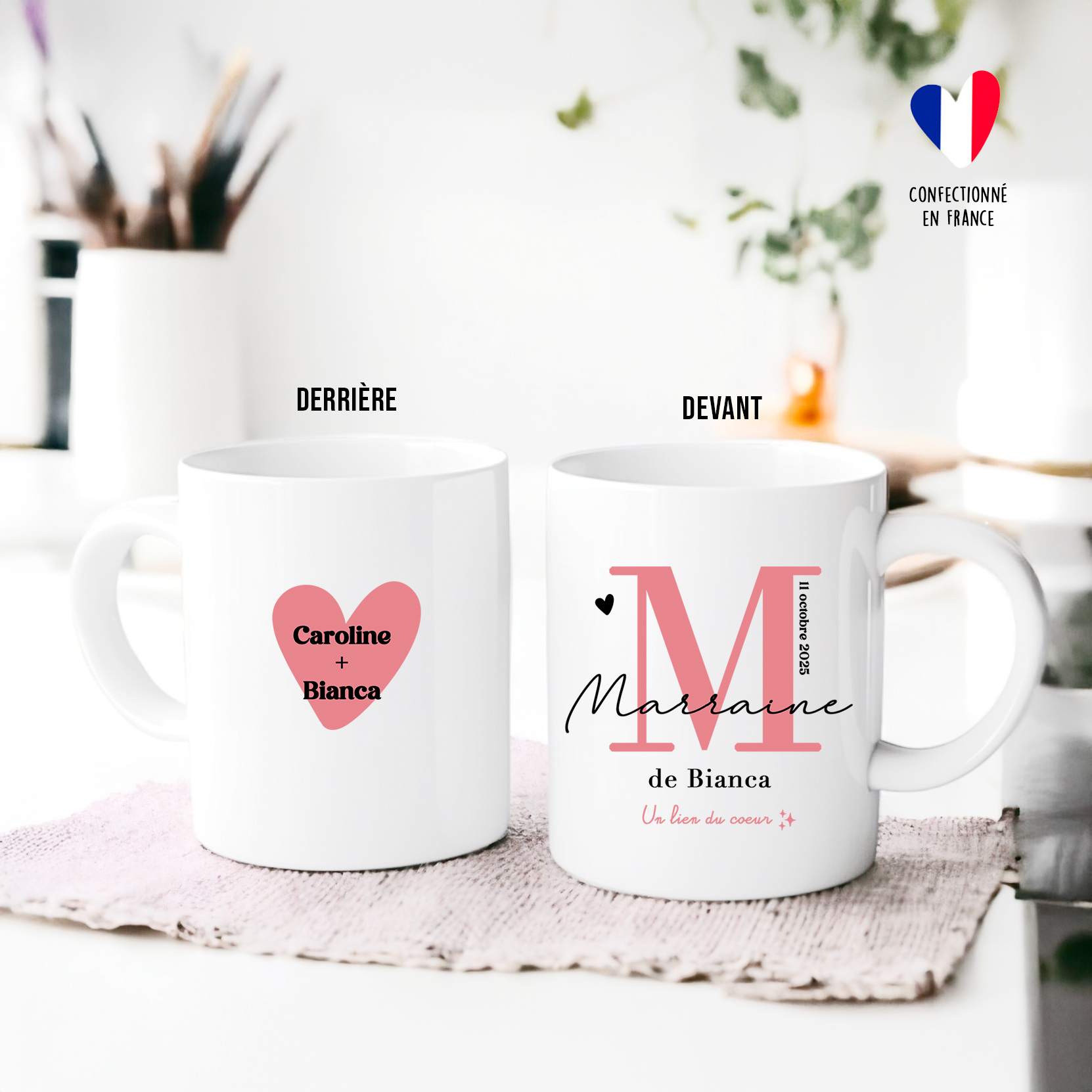 Mug personnalisé Marraine – prénom, date, coeur  | Cadeau unique souvenir