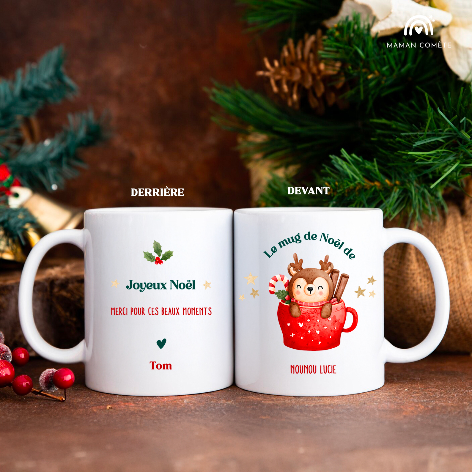 Mug personnalisé Noël Renne – Idée cadeau unique pour famille, nounou, maîtresse