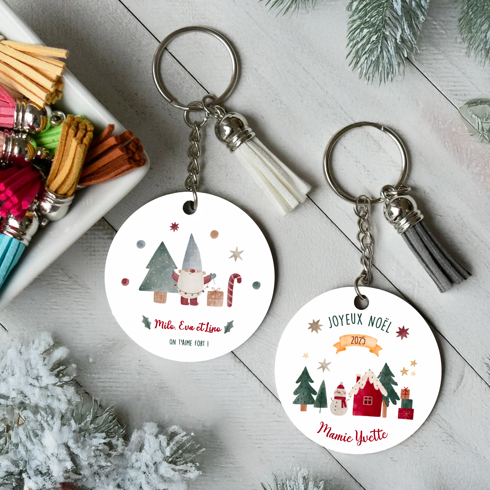 Porte-clé en bois personnalisé – Petit cadeau de Noël pour maîtresse, nounou, mamie... – Recto/verso