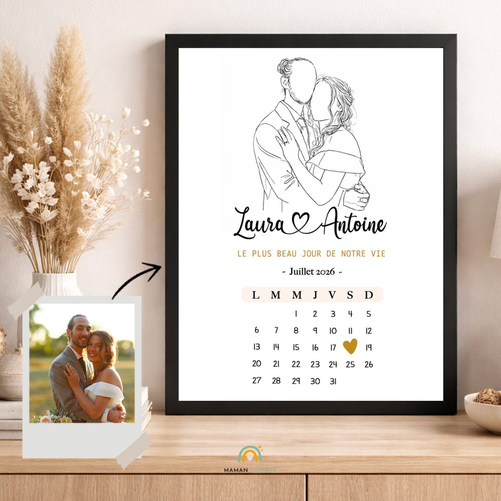 Affiche couple personnalisée à partir de photo – Dessin croquis avec calendrier