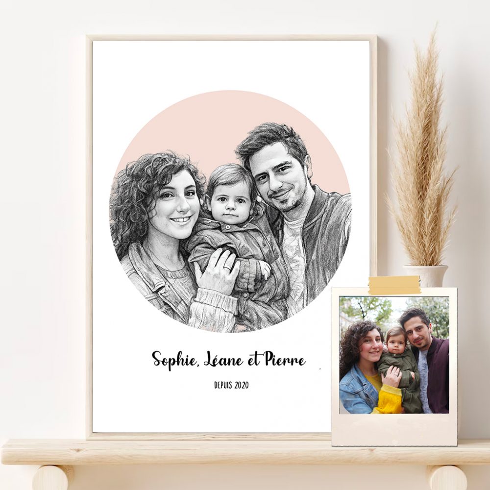 Illustration dessin crayon personnalisée à partir d'une photo, famille, couple, amis