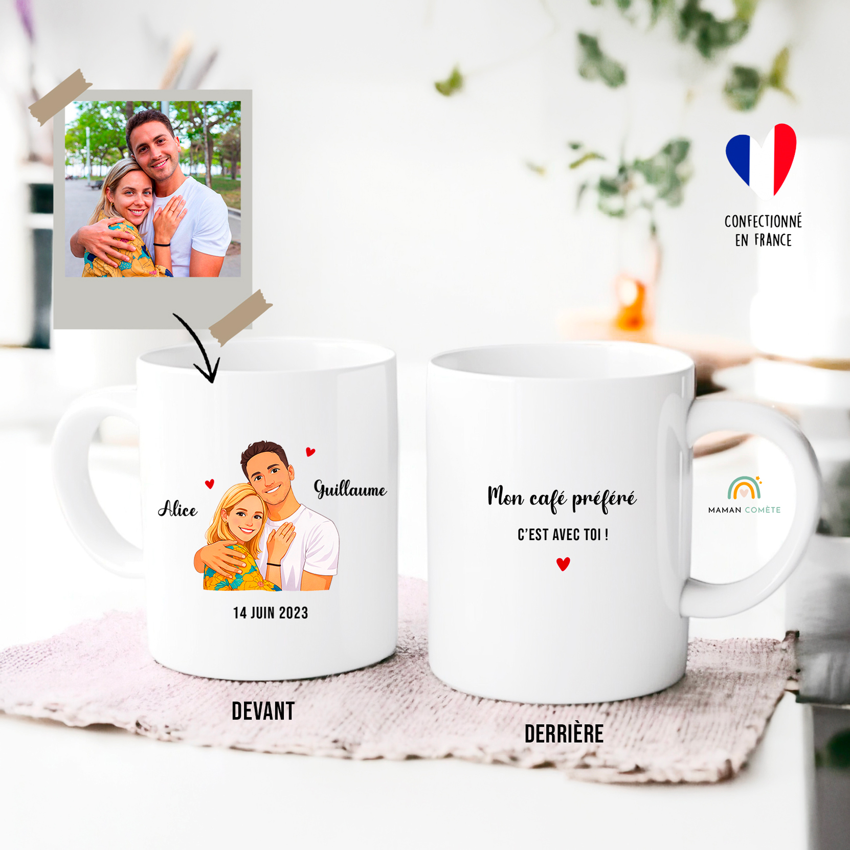 Mug personnalisé couple – Portrait illustration avatar moderne – Cadeau Saint-Valentin original
