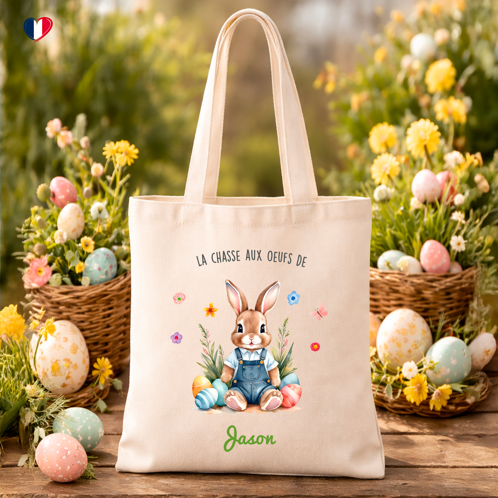 Totebag panier Pâques personnalisé lapin - Chasse aux oeufs - prénom enfant