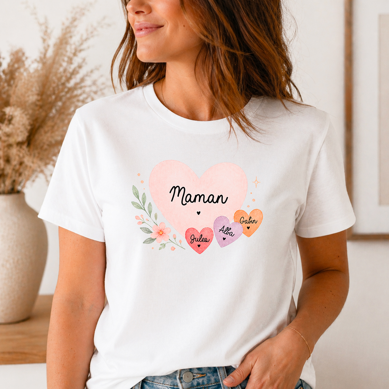 T-shirt maman personnalisé avec prénoms enfants – 1 à 4 cœurs – Cadeau fête des mères
