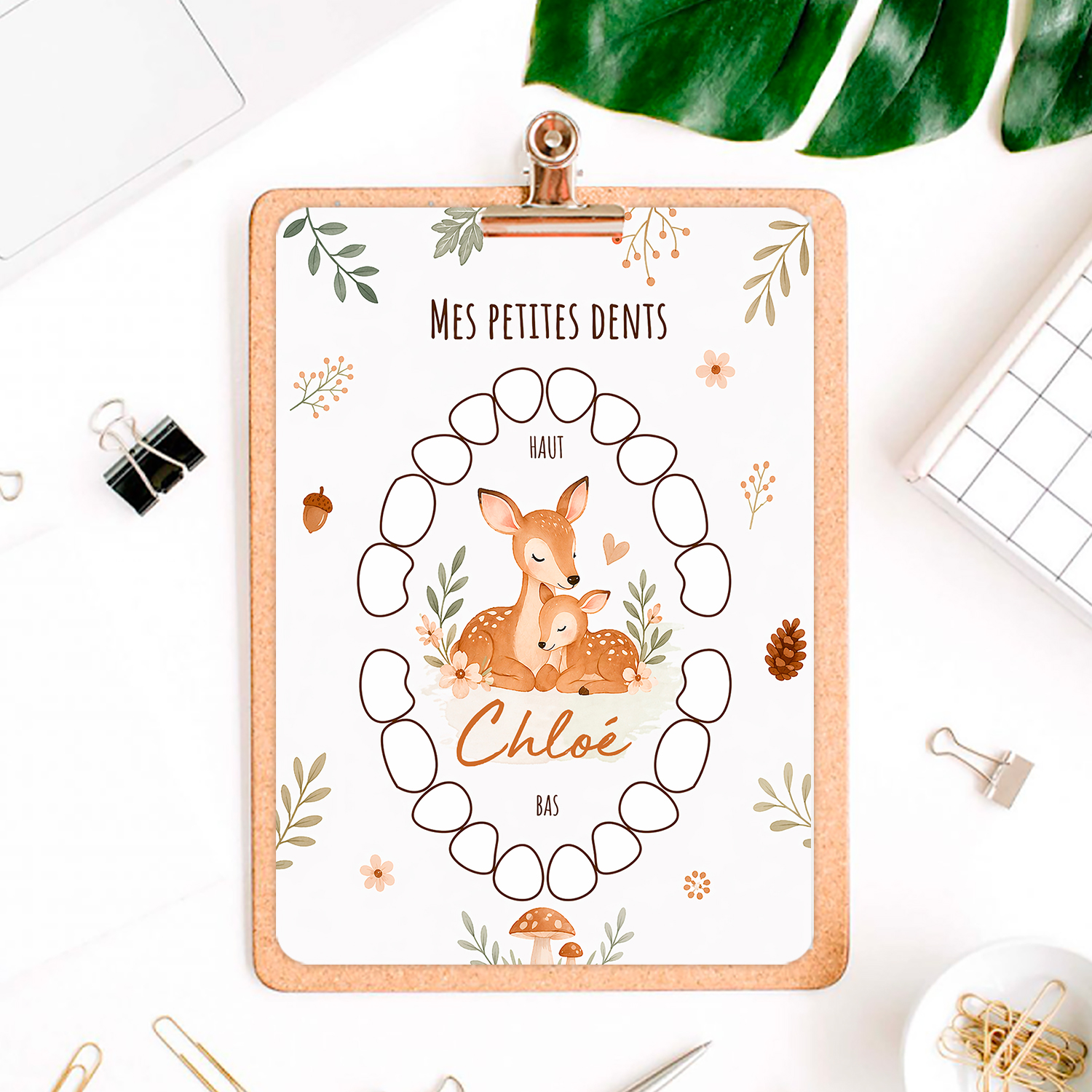 Carte dents de lait personnalisée enfant – thème biche faon – souvenir naissance