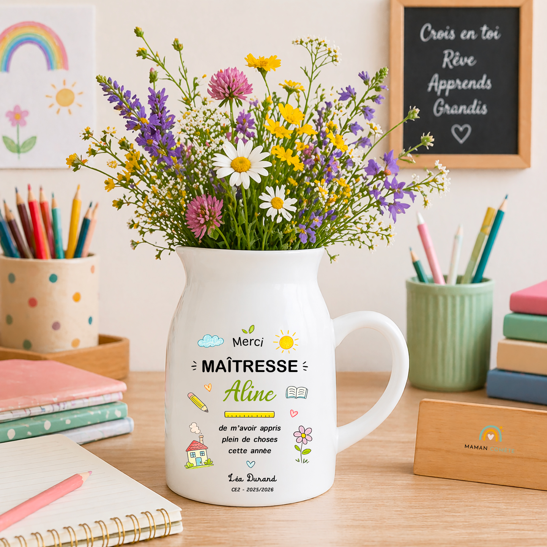 Pot de fleurs personnalisé Maîtresse / Maître – Cadeau fin d’année scolaire avec prénom enfant