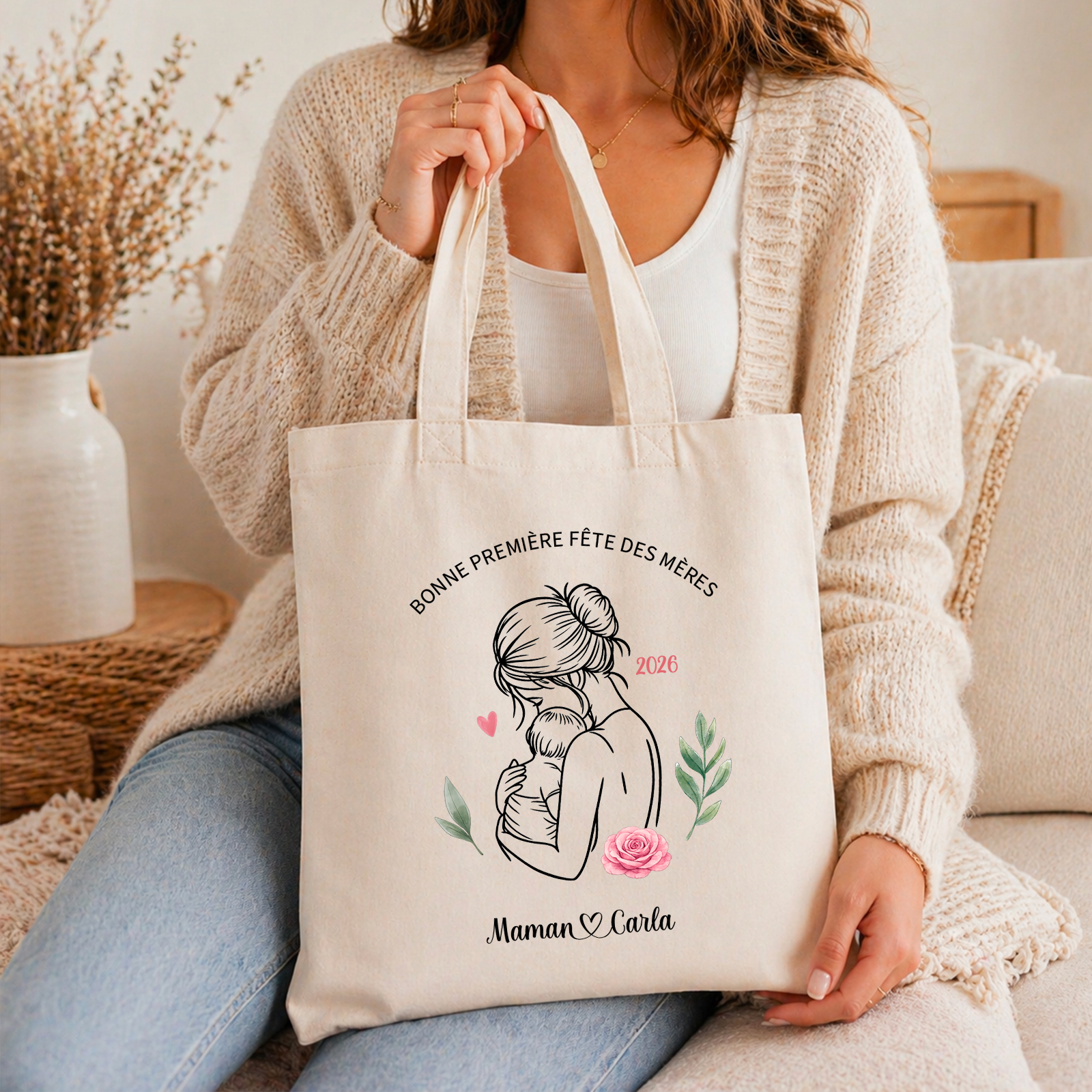 Totebag personnalisé maman avec portraits enfants – cadeau fête des mères