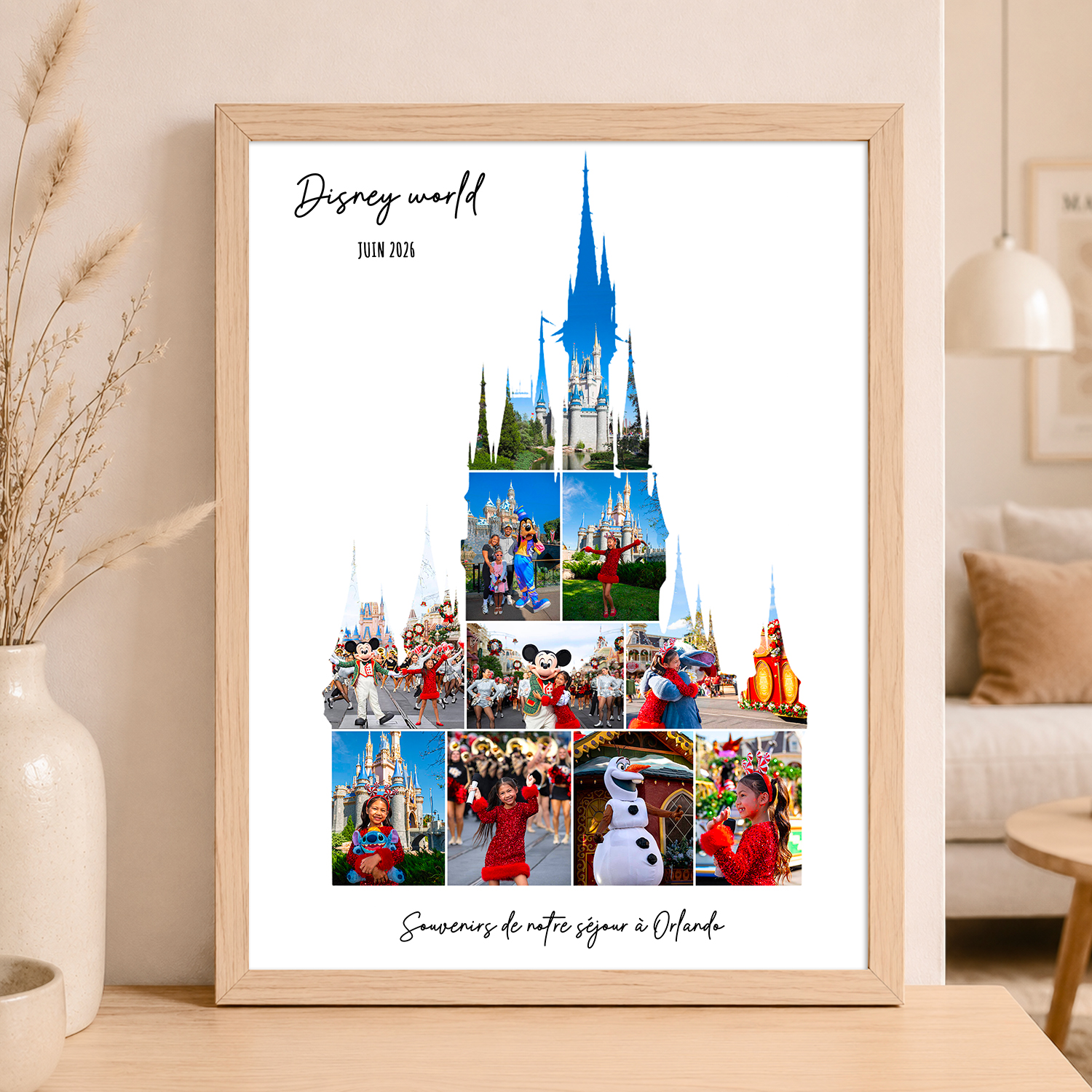 Affiche-Carte-Disney-World-Collage-Photo-Blanc-souvenir-vacances-cadre-bois