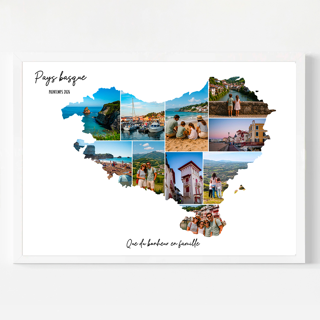 Affiche-Carte-pays-basque-Collage-Photo-Blanc-souvenir-vacances-cadre-blanc