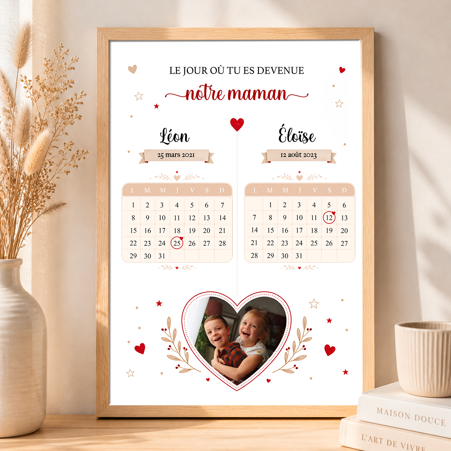 Affiche Maman Personnalisée – Calendrier date Naissance Enfants, Photo Souvenir, Cadeau Fête des Mères