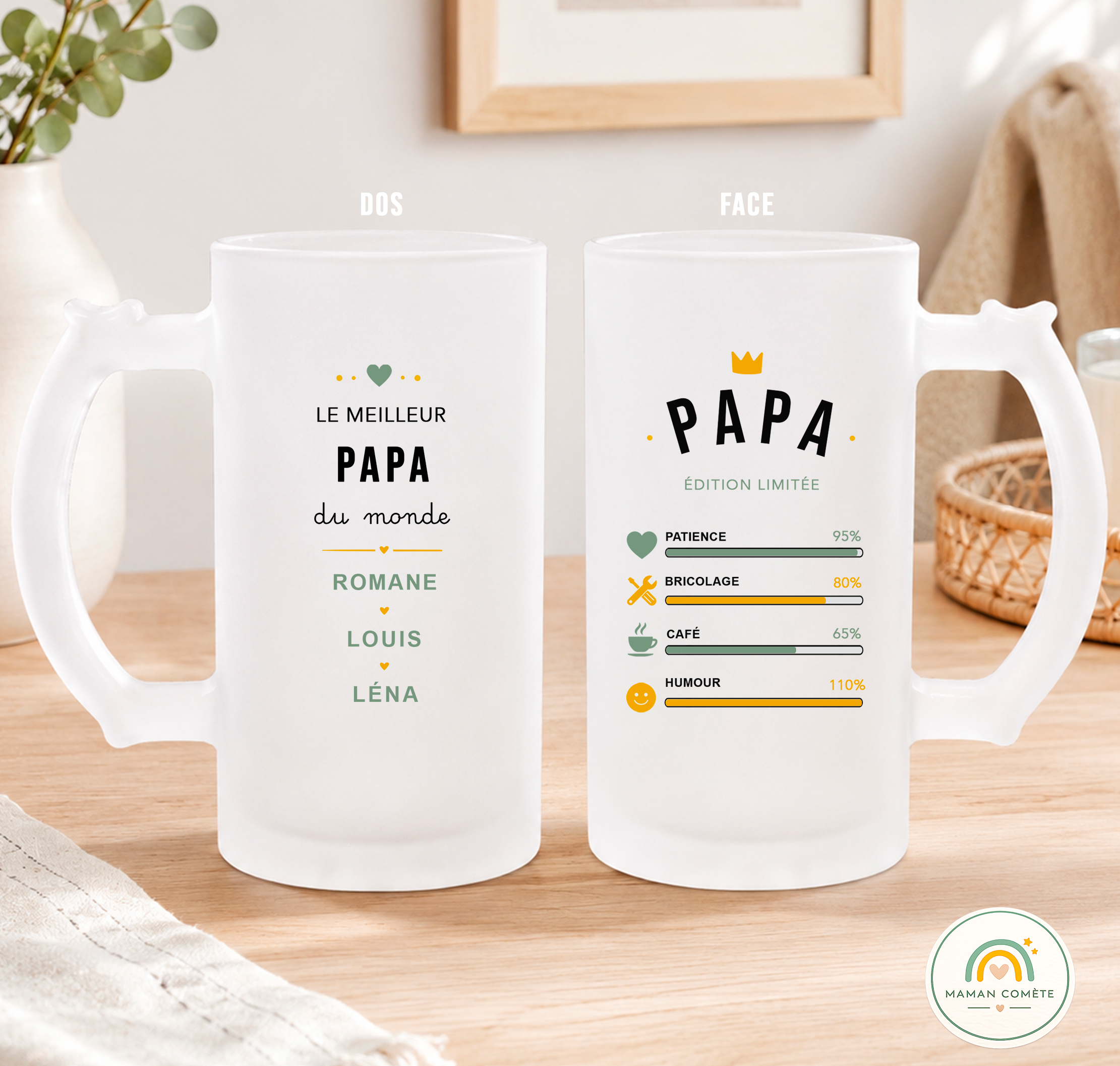 Chope à bière givrée personnalisée Papa – Humour- Jauges au choix