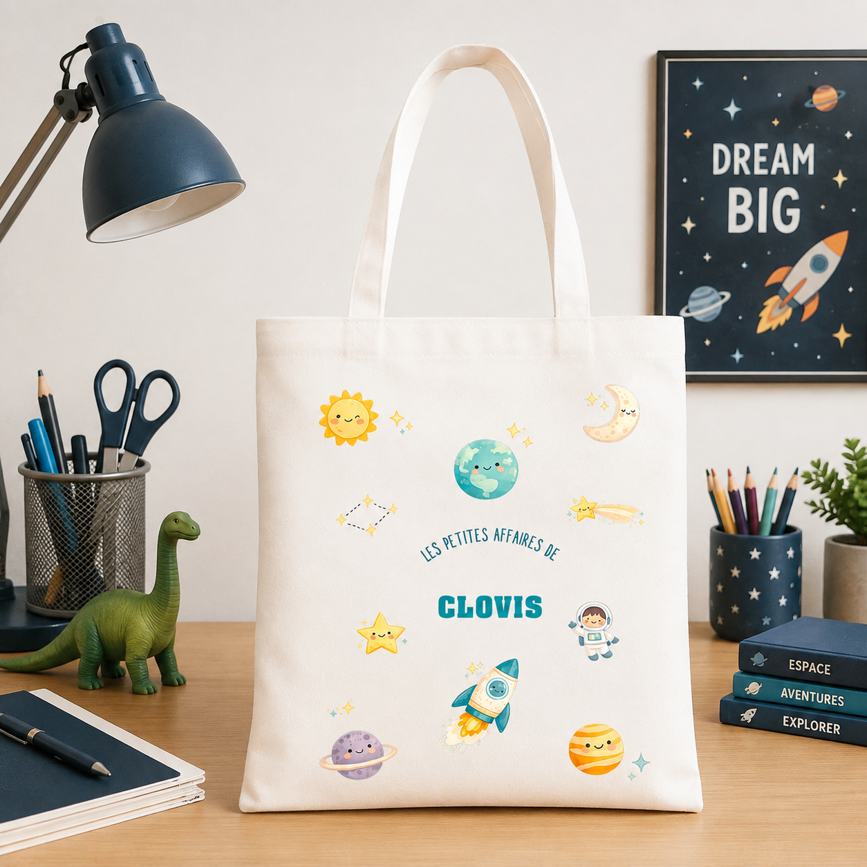 Totebag personnalisé espace – Sac enfant prénom – École et petites affaires