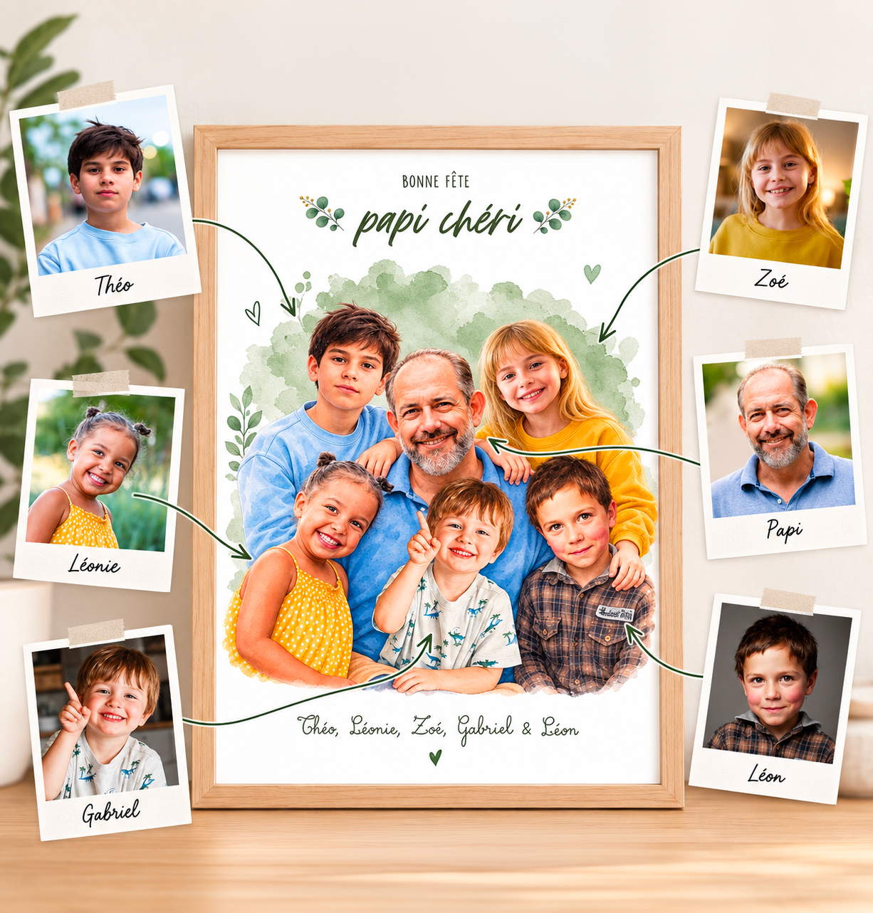 Affiche Papi personnalisée – Portrait de famille style aquarelle à partir de photos