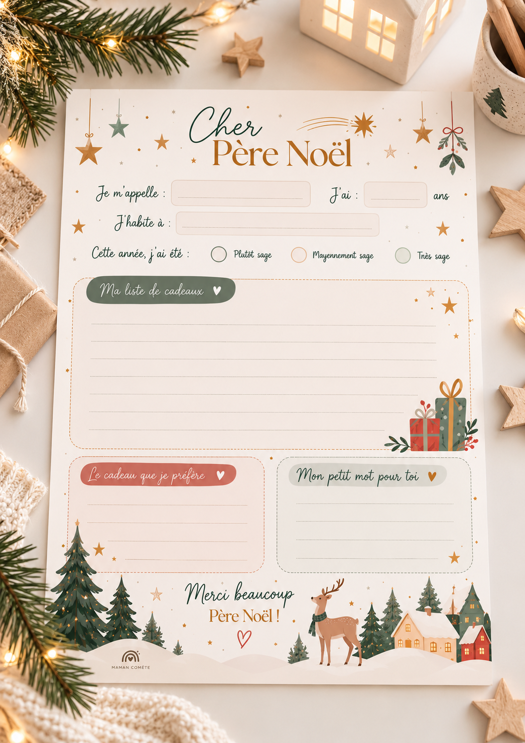 Lettre au Père Noël à imprimer gratuitement pour les enfants plus grands, avec une liste de cadeaux à écrire et un espace pour un message personnel, dans un décor de Noël scandinave aux tons naturels – Maman Comète.