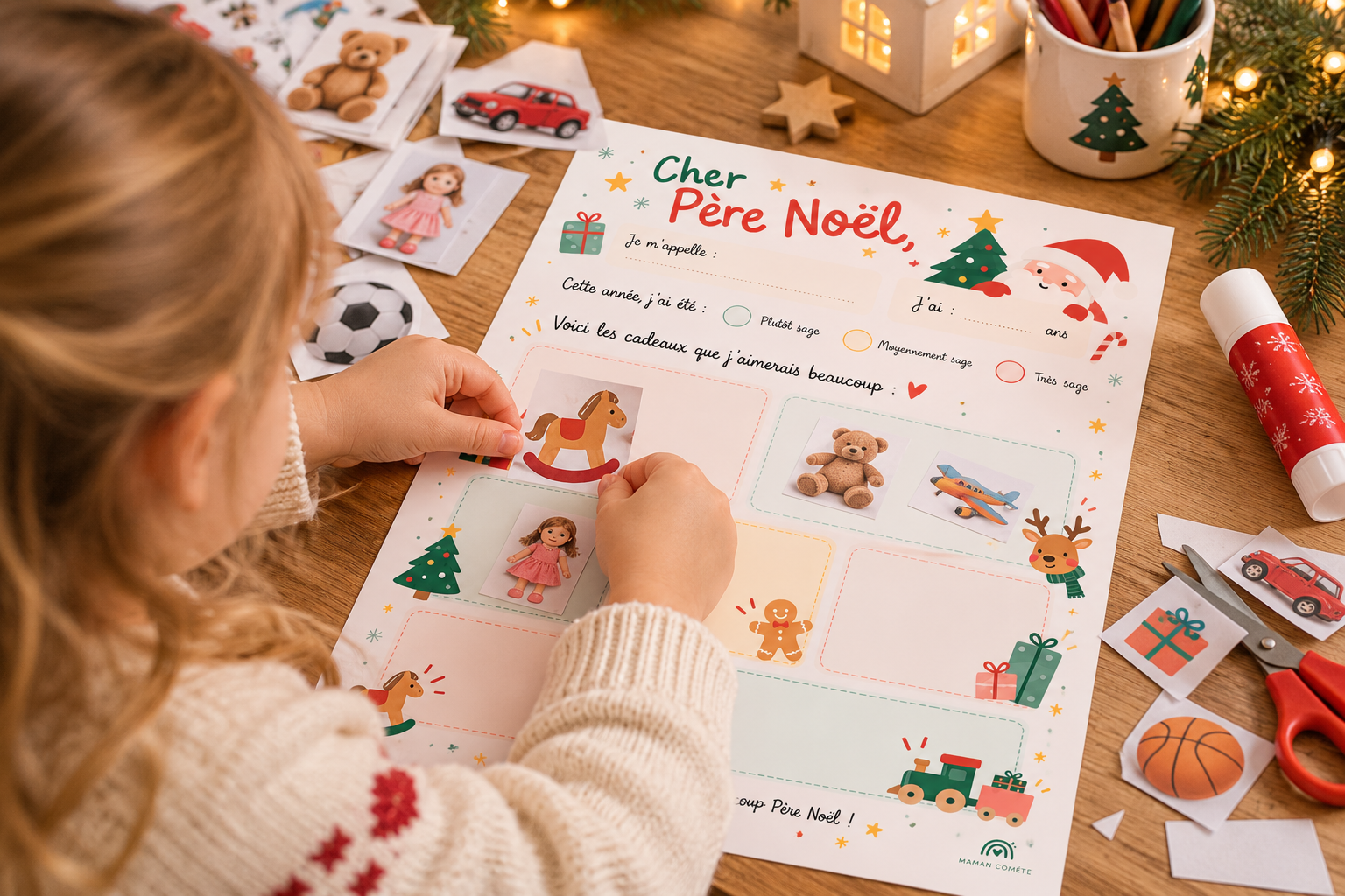 Petite fille qui réalise sa lettre au Père Noël à imprimer gratuitement en collant des images de jouets dans les cases prévues – activité créative de Noël pour les petits, Maman Comète.