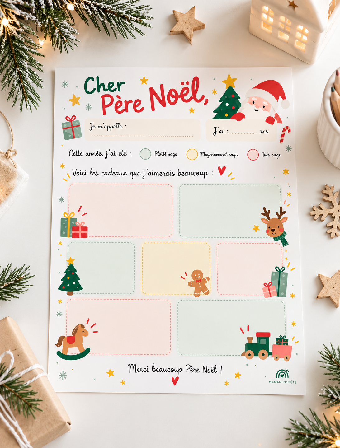 Lettre au Père Noël à imprimer gratuitement pour les enfants, avec des cases colorées pour coller des images de cadeaux, présentée sur un bureau blanc dans une ambiance de Noël scandinave – Maman Comète.