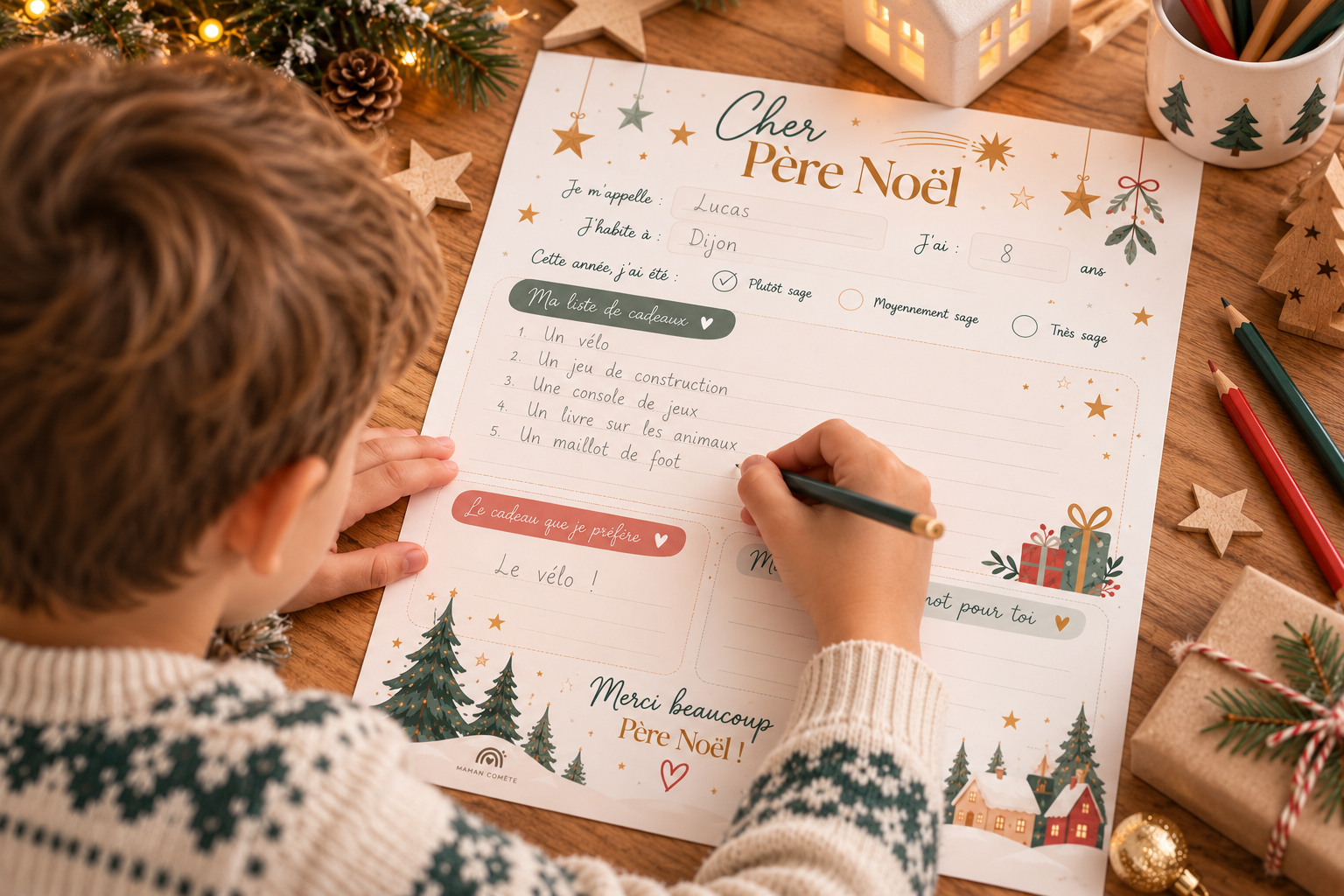 Garçon qui écrit sa liste de cadeaux sur une lettre au Père Noël à imprimer gratuitement – activité de Noël pour les enfants qui savent écrire, modèle élégant Maman Comète.